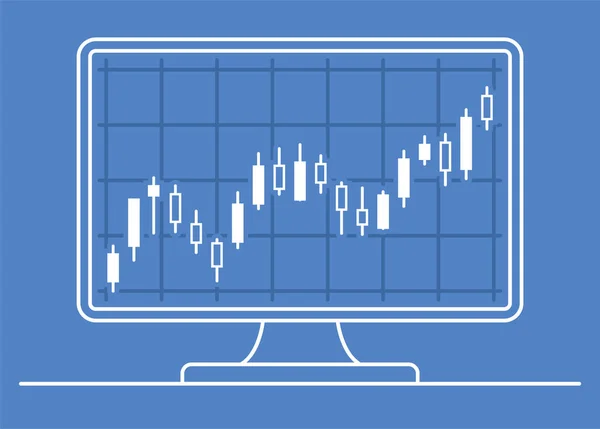 Computermonitor mit Kerzendiagramm der Devisen- oder Aktiendatengrafik im Dünnlinientyp. — Stockvektor