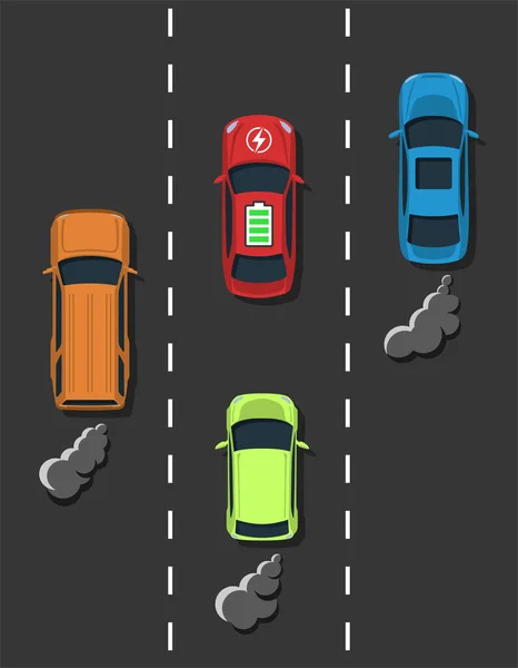 Concept de transport électrique. Voiture électrique avec comparaison habituelle de voitures à combustion . — Image vectorielle