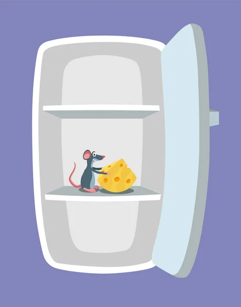 Frigorífico vazio e rato com queijo dentro dele. Rato desagradável roedor comendo pé na geladeira . —  Vetores de Stock
