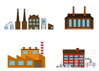 Fabrikalar izole üzerinde beyaz arka plan ayarlayın. Düz stil fabrika simgesini. Endüstriyel fabrika binası.