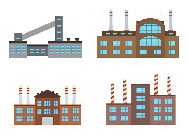 Fabrieken instellen geïsoleerd op witte achtergrond. Het pictogram van de fabriek in de vlakke stijl. Industriële fabrieksgebouw. — Stockvector