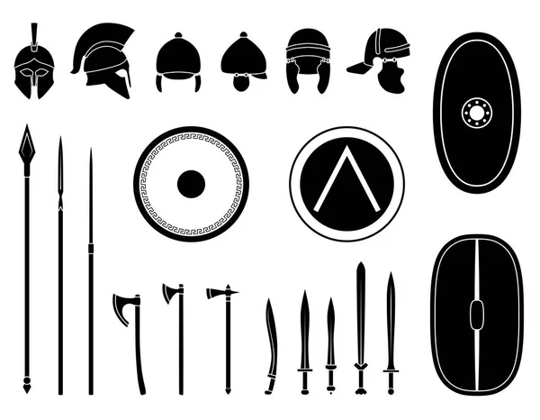 Conjunto de armas antiguas y equipo de protección . — Vector de stock