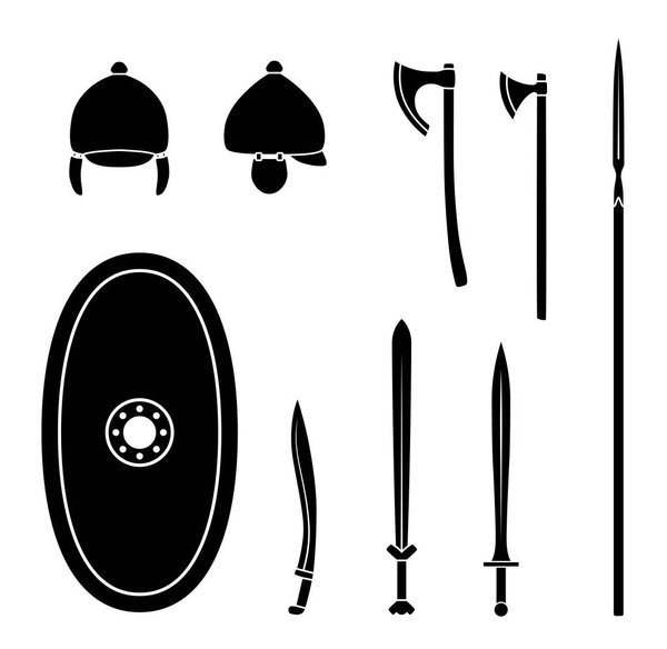 Set of ancient celtic weapon and protective equipment.