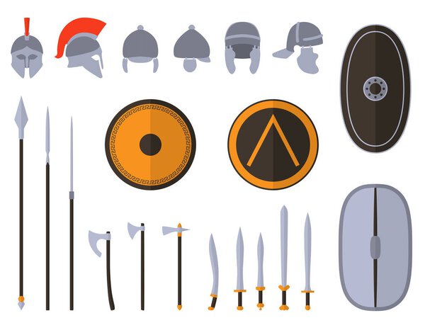 Set of ancient weapon and protective equipment.