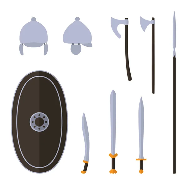 Conjunto de armas celtas antiguas y equipo de protección . — Vector de stock