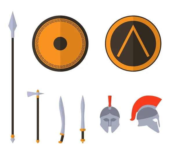 Conjunto de armas espartanas gregas antigas e equipamentos de proteção . — Vetor de Stock