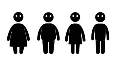 Yağlı ve ince çocuk simgeler. Normal kilolu ve kilolu erkek ve kız.