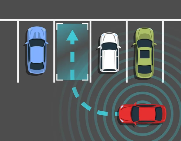 Carro autônomo estacionamento vista superior . — Vetor de Stock