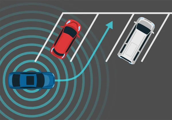 Carro autônomo estacionamento vista superior . — Vetor de Stock