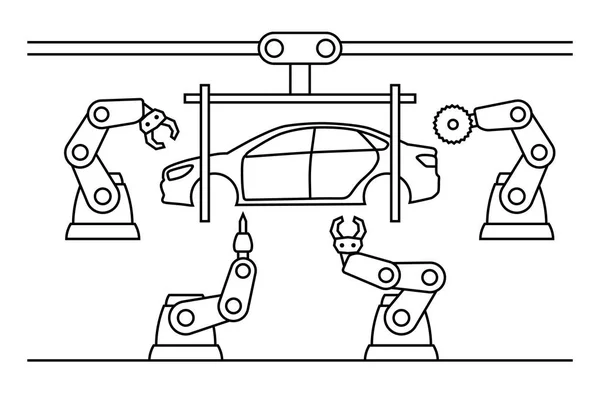 Dünne Linie Stil Auto Montage Förderband. — Stockvektor