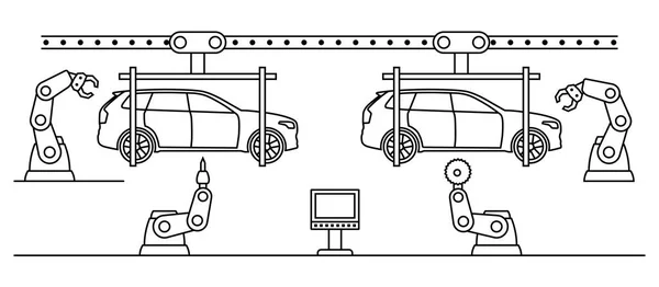 Dünne Linie Stil Auto Montage Förderband. — Stockvektor