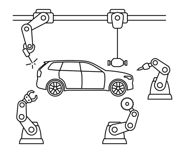 Dünne Linie Stil Auto Montage Förderband. — Stockvektor