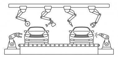 İnce çizgi stili araba montaj konveyör hattı.