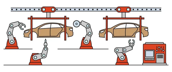 Dünne Linie Stil Auto Montage Förderband. — Stockvektor