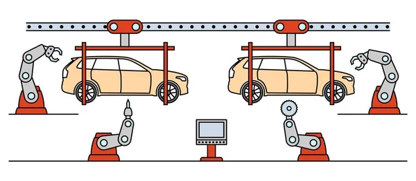 Dünne Linie Stil Auto Montage Förderband. — Stockvektor