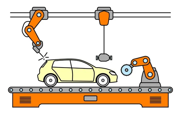 Dünne Linie Stil Auto Montage Förderband. — Stockvektor