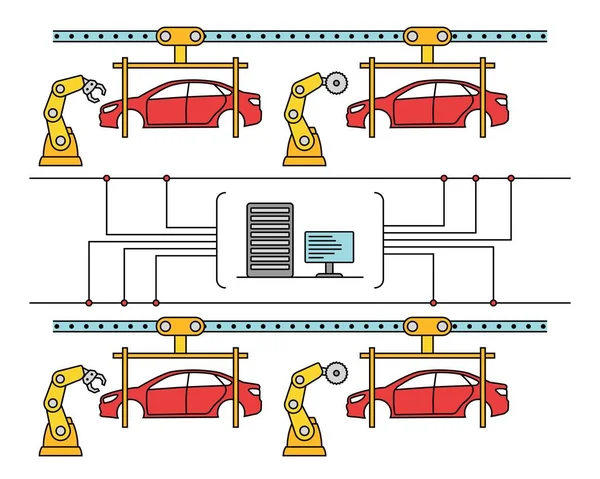 Línea transportadora de montaje de automóviles de estilo de línea delgada . — Vector de stock