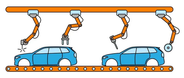 Thin line style car assembly conveyor line. — Stock Vector