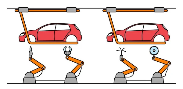 Thin line style car assembly conveyor line. — Stock Vector