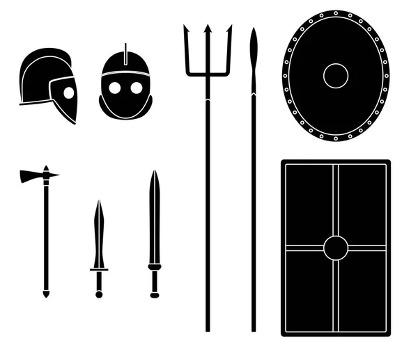 Armas e armaduras para gladiadores. Equipamento de guerreiro antigo . — Vetor de Stock