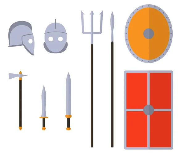 Armas de gladiador y armaduras preparadas. Equipo de guerrero antiguo . — Vector de stock