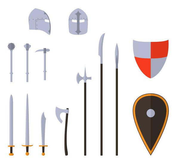 Medieval weapons and armors set. Medieval warrior equipment.
