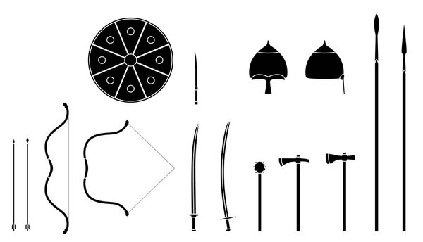 Mongol weapons and armors set. Mongol nomad warrior equipment.