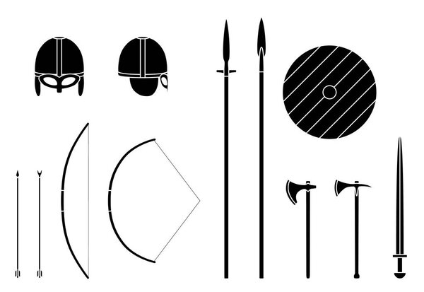 Viking weapons and armors set. Viking warrior equipment.