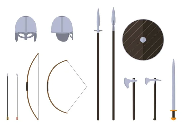 Armas y armaduras vikingas preparadas. Equipo de guerrero vikingo . — Archivo Imágenes Vectoriales