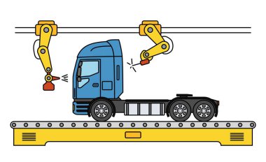 İnce çizgi stili kamyon montaj hattı. Otomatik taşıma üretim konveyör.