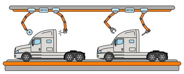 Línea de montaje de camiones de estilo delgada línea. Transportador automático de producción de transporte . — Vector de stock