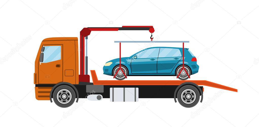Wrecker truck with evacuated car. Towing truck evacuation service. Heavy evacuator. Vector illustration.