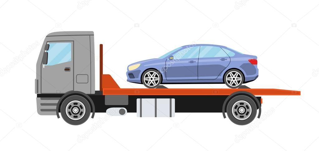 Wrecker truck with evacuated car. Towing truck evacuation service. Heavy evacuator. Vector illustration.