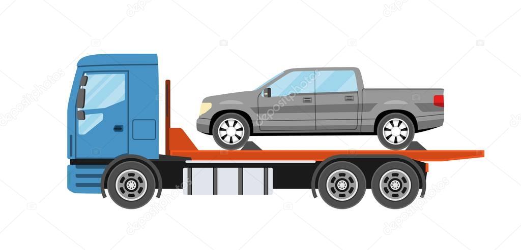 Wrecker truck with evacuated car. Towing truck evacuation service. Heavy evacuator. Vector illustration.