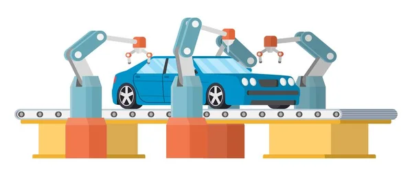 자동차 조립 컨베이어 라인입니다. 로봇 자동차 기계 산업 개념. — 스톡 벡터