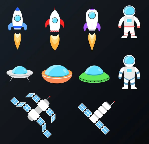 Conjunto de objetos espaciais. Nave espacial, ufo, estações cósmicas, astronauta . — Vetor de Stock