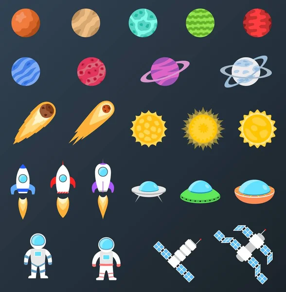 Uzay nesneleri kümesi. Gezegenler, yıldızlar, kuyruklu yıldız, uzay gemisi, ufo, kozmik istasyonları, astronot.