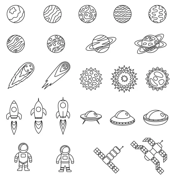 Set de obiecte spațiale. Planete, stele, cometă, navă spațială, ufo, stații cosmice, astronaut . — Vector de stoc