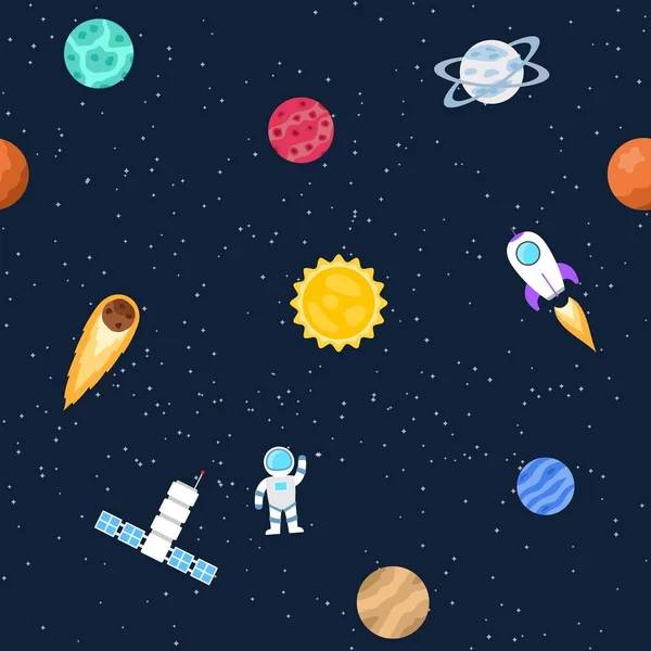 空間オブジェクトのシームレスな背景は。惑星、星、彗星、宇宙船、宇宙ステーション、宇宙飛行士. — ストックベクタ