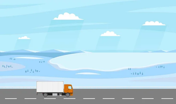 Vrachtwagen op de weg. Winter-landschap met boerderij. Zware aanhangwagen vrachtwagen. Logistiek en levering concept. — Stockvector