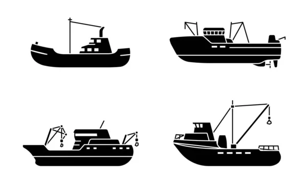 Horgászhajókat Tengeri Vonóhálós Hajó Halászhajók Oldalnézetben Vektorillusztráció — Stock Vector