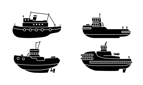 Conjunto Rebocadores Coleção Navios Reboco Estilo Plano Ilustração Vetorial — Vetor de Stock