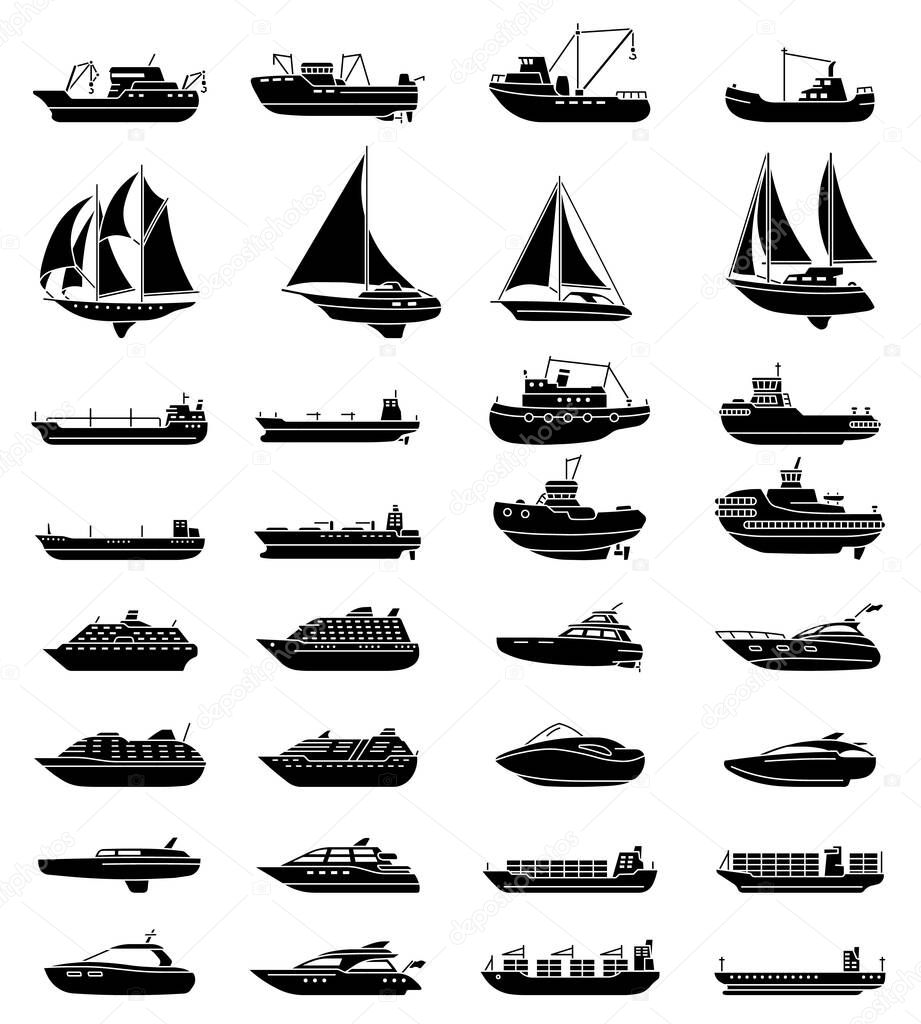 Ships and boats set. Barge and cargo ship, tanker, sailing vessel, cruise liner, tugboat, fishing and speed boat. Vector illustration
