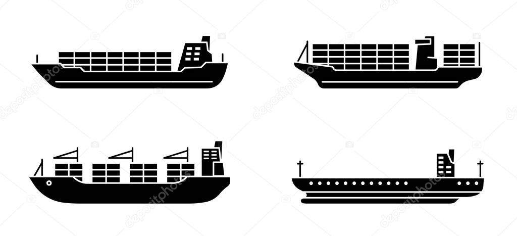 Set of large cargo ships. Modern container sea vessel. Vector illustration.