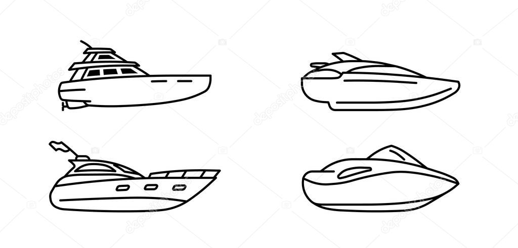 Set of speed boats. Cutter ship. Speedboat side view. Vector illustration.