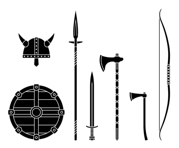 Armas vikingas: escudo medieval antiguo, casco, hacha, espada, hacha, hacha, arco, lanza. Conjunto de equipo de guerrero . — Vector de stock