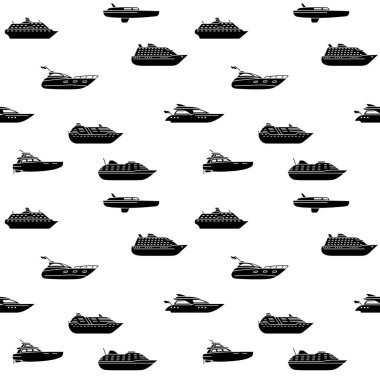 Okyanus yolcu gemilerinin kusursuz bir geçmişi var. Okyanus yatları ve yolcu gemilerinin kusursuz desenleri. Yolcu gemisi yan görüntüsü. Vektör illüstrasyonu.
