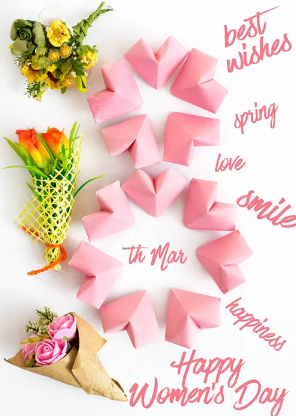 Buona Giornata Internazionale della Donna celebra l '8 marzo CARD. rosa-colore cuori di carta figura otto 8 su sfondo di colore — Foto Stock