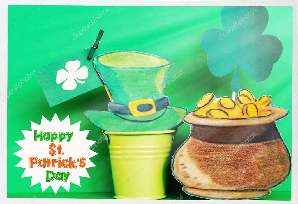 Happy St. Patrick's Day card with holiday attributes