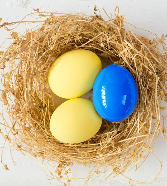 Buona Pasqua Card spazio per il testo. Uova di Pasqua in nido su sfondo rustico in legno, immagine di messa a fuoco selettiva . — Foto Stock